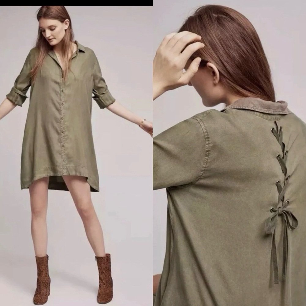 Cloth & Stone Shirt Dress Lace-Up Back Olive Green